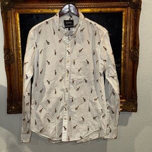 BONOBOS 100% Cotton Slim Fit White Giraffe Print Novelty Button Down Large